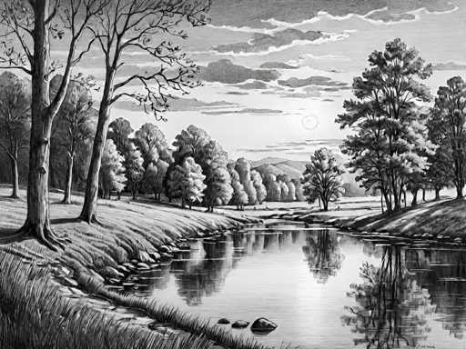 This black and white drawing depicts a serene landscape with a calm river flowing through the center. The river, which has a few ripples, reflects the surrounding trees and the sky above. On the left side of the river, there is a grassy area with a few trees, while the right side features a hill with more trees. The background showcases a dense forest with numerous trees, and beyond them, a range of mountains. The sky is filled with clouds, and the sun is visible, casting a gentle light over the scene. The overall composition is detailed and tranquil, capturing the essence of nature in a monochromatic palette.