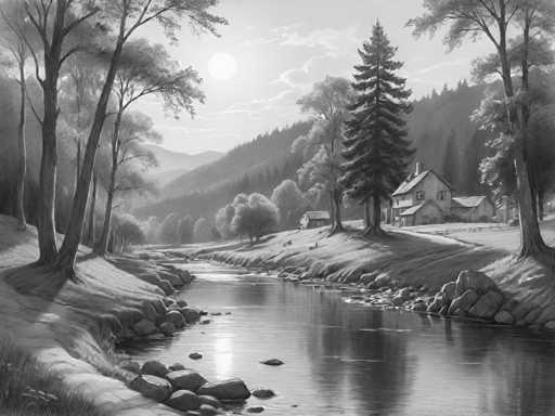 The image is a black and white photograph depicting a serene landscape with a river flowing through it. The river is surrounded by trees on both sides, creating a sense of depth and tranquility. On the left side of the river, there are rocks that add texture to the scene. In the background, there's a small house nestled among the trees, suggesting a peaceful rural setting.