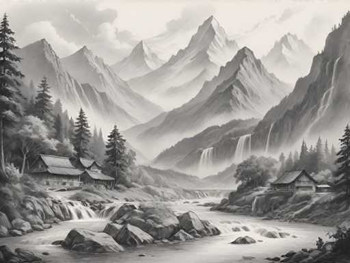 The image is a black and white photograph depicting a serene mountain landscape with a river flowing through it. The mountains in the background are covered in snow, adding to the overall tranquility of the scene. In the foreground, there are several small houses nestled among the rocks, suggesting that this might be a rural area or a mountainous region where people have chosen to live.

The image is rendered in black and white, which gives it an artistic and timeless quality. The artist has captured the essence of nature's beauty with their skillful use of light and shadow.