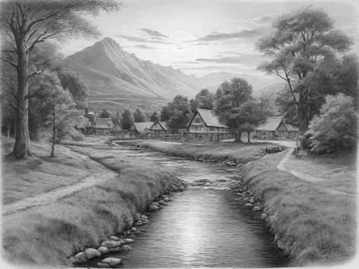 This black and white drawing depicts a serene, old-fashioned village nestled in a picturesque valley. The village features several small, quaint houses with steep, pointed roofs, reminiscent of Swiss architecture. A gently flowing river, lined with rocks, winds through the center of the village, creating a tranquil atmosphere. The river is spanned by a small footbridge, adding to the charm of the scene. Surrounding the village are lush trees and grassy areas, with a prominent mountain looming in the background. The sky above is dotted with clouds, and the entire image is rendered in shades of gray, enhancing its timeless and peaceful quality.