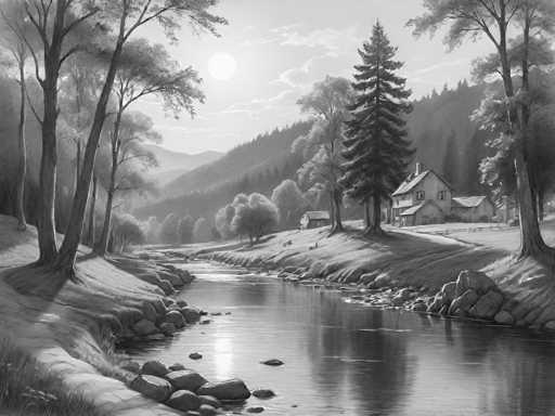 A serene, grayscale landscape painting depicts a tranquil river flowing through a valley. The scene is bathed in the soft glow of a rising or setting sun, casting long shadows and highlighting the textures of the landscape. 

The river's surface is calm, reflecting the surrounding trees and sky like a mirror. The banks are lined with rocks of varying sizes, some partially submerged in the water. Tall, slender trees stand along the riverbanks, their branches reaching towards the sky. In the distance, rolling hills and mountains fade into a hazy backdrop, creating a sense of depth. 

A small, quaint house sits nestled on the riverbank, its roof and windows subtly illuminated by the sunlight. The overall mood is one of peace and tranquility, inviting contemplation and a sense of escape into nature.