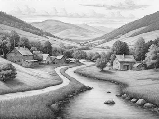 This black and white pencil drawing depicts a serene countryside scene with a winding river flowing through the center. The river, dotted with rocks, meanders from the bottom right corner, curving left and then right again as it stretches into the distance. On the left side of the river, a dirt road runs parallel, leading up to a cluster of four old, dilapidated buildings. The largest building, possibly a barn, stands prominently with a smaller shed in front of it. Adjacent to this structure are two smaller buildings, one of which has a chimney. The right side of the river features a grassy area with a large house, characterized by its multiple windows and a smaller shed in front. This house is surrounded by trees, adding to the rustic charm of the scene. In the background, rolling hills and mountains rise up, with the sky above filled with clouds, completing the tranquil and picturesque landscape.