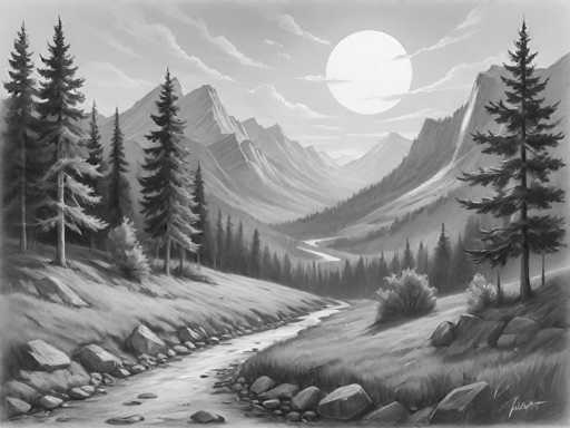 This black and white pencil drawing depicts a serene mountainous landscape. In the foreground, a gently winding river flows from the bottom left corner, curving towards the center before disappearing into the distance. The river is flanked by grassy banks and scattered rocks, with a few bushes adding to the natural scenery. On the left side of the image, a small hill rises, adorned with tall pine trees that extend into the background. The right side features a larger hill, similarly populated with pine trees, creating a sense of depth and continuity. In the far background, majestic mountains loom, their peaks reaching towards a sky filled with wispy clouds. A large, luminous moon dominates the upper portion of the sky, casting a soft glow over the entire scene. The artist's signature is visible in the bottom right corner, though it is too small to decipher.