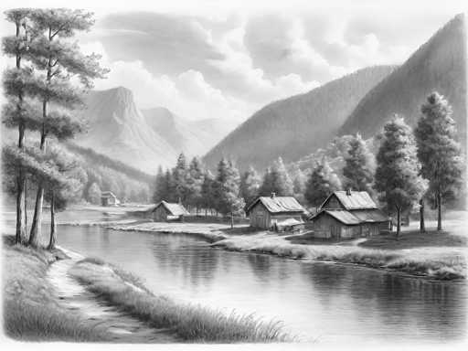 This black and white drawing depicts a serene mountain landscape with a river flowing through the center. The river, which appears to be a lake or river, is bordered by tall grass and a dirt path on the left side. The scene features four small houses, each with a triangular roof, situated along the riverbank. The house on the far right has a smokestack emitting smoke, indicating it is inhabited. Surrounding the houses are numerous trees, adding to the natural beauty of the setting. In the background, majestic mountains rise up, with a particularly prominent peak on the right side. The sky above is filled with clouds, enhancing the tranquil and picturesque atmosphere of the scene.