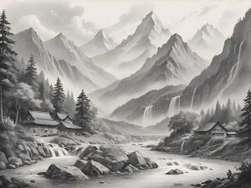 This black and white illustration, reminiscent of a woodcut or detailed drawing, depicts a serene mountainous landscape. Dominating the background are tall, jagged mountain peaks shrouded in clouds, with a prominent waterfall cascading down the center. The foreground features a meandering river, dotted with large rocks and boulders, flowing from the bottom left corner towards the center. On the left bank of the river, there are two small wooden cabins with sloped roofs, nestled among tall pine trees. To the right, another cabin with a similar roof stands near the river's edge, surrounded by more trees. The entire scene is rendered in shades of gray, white, and black, creating a tranquil and picturesque setting.