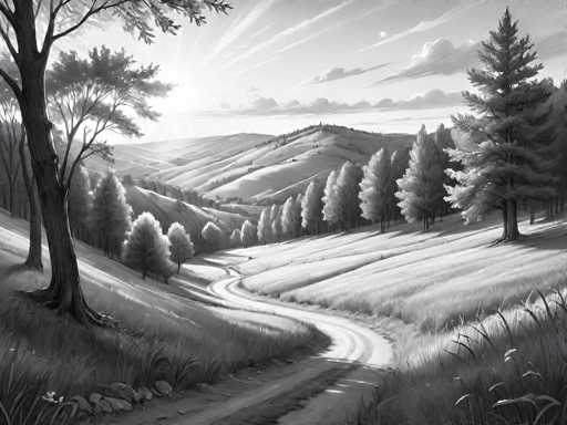 This black and white illustration, possibly a painting or drawing, depicts a serene countryside landscape. A winding dirt road begins at the bottom center of the image and curves gently to the left, eventually disappearing into the horizon. On either side of the road, tall grasses and weeds grow abundantly, with a few small white flowers visible in the bottom left corner. To the left of the road, a large tree stands prominently, accompanied by smaller trees and bushes. The right side features a mix of tall grasses and a dense cluster of trees, including a notably large pine tree. The background reveals rolling hills and a distant mountain range, with the sun peeking out from behind the hills, casting a soft glow over the scene. The sky above is dotted with clouds, adding to the tranquil atmosphere of this picturesque countryside.