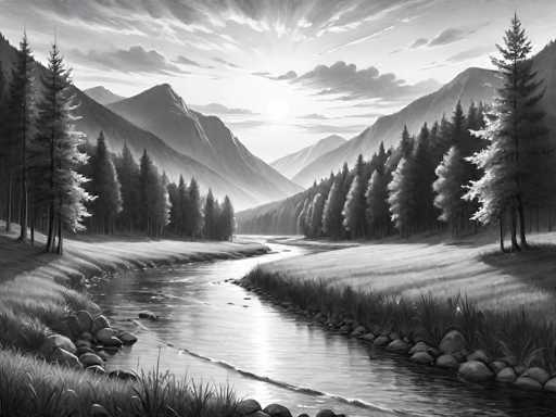 This black and white drawing depicts a serene river scene with a gentle current flowing through the center of the image. The river is flanked by grassy banks on both sides, dotted with rocks and boulders. Tall pine trees line the riverbanks, creating a natural corridor that leads the eye towards the background. In the distance, majestic mountains rise up, their peaks partially obscured by clouds. The sun peeks through the clouds, casting a soft glow over the entire landscape. The sky is filled with a mix of clouds, adding depth and texture to the scene. The overall composition captures the tranquil beauty of nature, with the river winding its way through the peaceful wilderness.