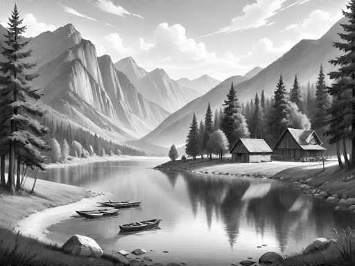 This black and white illustration depicts a serene mountain landscape with a tranquil lake at its center. The lake, reflecting the surrounding scenery, is home to three small boats: two with motors and one without. The shoreline is adorned with large boulders and patches of grass, adding texture to the foreground. On the right side of the image, two rustic wooden cabins with steep roofs are nestled among tall pine trees, their reflections visible in the calm water. The left side features a dense cluster of pine trees, while the background is dominated by majestic, snow-capped mountain peaks. The sky above is filled with fluffy white clouds, completing this picturesque and tranquil scene.