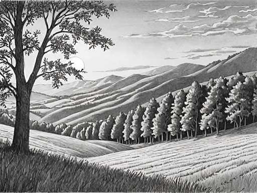This black and white drawing, possibly created with pencil or charcoal, depicts a serene countryside landscape. In the foreground, a grassy hill stretches across the bottom left corner, where a large tree with a thick trunk and numerous branches stands prominently. The tree's leaves are sparse, allowing glimpses of the sky through its branches. To the right of the tree, a field of grass extends towards the horizon, leading to a dense row of tall, leafy trees that form a natural boundary. Beyond this tree line, rolling hills and mountains rise, creating a layered effect that adds depth to the scene. The sky above is filled with clouds, and a bright sun peeks out from behind the tree, casting a gentle light over the landscape. The entire composition is rendered in shades of gray, emphasizing the tranquil and timeless nature of the countryside.