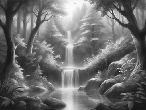 This black and white image, likely a detailed drawing or painting, depicts a serene forest scene centered around a cascading waterfall. The waterfall, which appears to be three-tiered, flows from the top of the image down to a tranquil lake at the bottom. The water is depicted with a shiny, reflective quality, capturing the light from the sun that filters through the dense canopy of trees above. The forest is filled with a variety of trees, including tall pines and other species, creating a lush, textured backdrop. The ground is dotted with rocks, boulders, and patches of grass, adding to the natural, untouched feel of the landscape. The overall composition is dark, with the white highlights of the water and sunlight providing a striking contrast, enhancing the peaceful and pristine atmosphere of this forested haven.