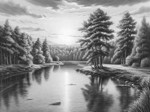 This black and white drawing depicts a serene river scene with a variety of trees lining both banks. The river, which appears to be flowing gently, is dotted with rocks and possibly some debris. On the right side of the river, there is a small island featuring a cluster of trees, while the left bank is densely populated with more trees. The background reveals a distant mountain range, adding depth to the landscape. The sky above is filled with clouds, with the sun peeking through, casting a soft light over the entire scene. The trees are rendered in shades of gray, with some appearing lighter, almost white, while others are darker, creating a sense of depth and texture. The overall composition is detailed and tranquil, capturing the essence of a peaceful river landscape.