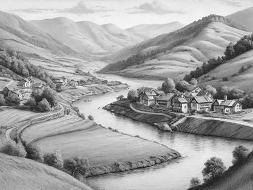 This black and white pencil drawing depicts a serene countryside scene with a river flowing through the center. The river, which starts narrow in the background and widens as it approaches the foreground, is flanked by lush greenery and trees. On the right side of the river, there is a small town featuring several houses, some with chimneys, and a road leading to them. The left side of the river showcases expansive farmland with gently rolling hills and scattered trees. In the background, a range of mountains stretches across the horizon, adding depth to the landscape. The sky above is dotted with clouds, completing this tranquil and picturesque rural setting.