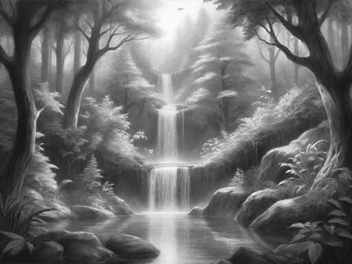 The image depicts a serene forest scene with a waterfall cascading down into a pool of water surrounded by trees and rocks. The painting is rendered in black and white, giving it an artistic and timeless quality.