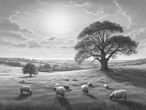 The image depicts a serene countryside scene with a group of sheep grazing on the grassy hillside under a clear blue sky dotted with fluffy white clouds. The sun is shining brightly from the top right corner, casting a warm glow over the landscape and highlighting the textures in the black and white palette.
