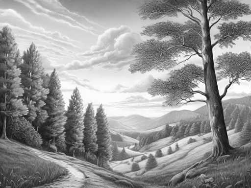 This black and white pencil drawing depicts a serene landscape with a winding dirt path that begins at the bottom left corner and meanders through the scene. The path is bordered by tall grass on the left and a prominent tree on the right, which extends from the bottom to the top of the image. The tree, with its thick trunk and sparse branches, features leaves only at the top. Surrounding the path are rolling hills and a variety of trees, including tall pine trees on the left and smaller ones scattered throughout the middle and right sections of the image. In the background, a range of mountains stretches across the horizon, beneath a sky filled with fluffy white clouds. The overall composition captures the tranquil beauty of nature, with the path invitingly leading the viewer through the picturesque landscape.
