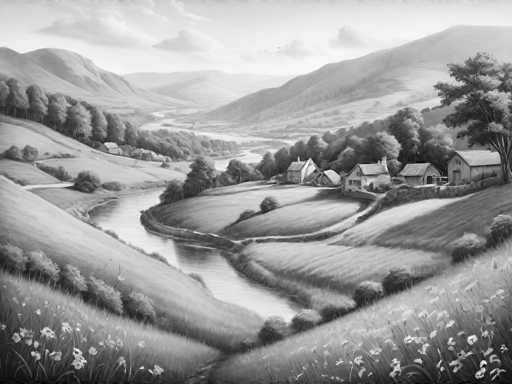 This black and white illustration depicts a serene countryside scene. In the foreground, gently rolling hills are adorned with clusters of trees and patches of tall grass. A winding river meanders through the landscape, creating a natural division between the hills. Nestled on the right side of the river are several houses, each surrounded by its own stretch of grassland. The background reveals more hills, some of which are densely forested, adding depth to the composition. The sky above is dotted with clouds, completing this tranquil rural tableau.
