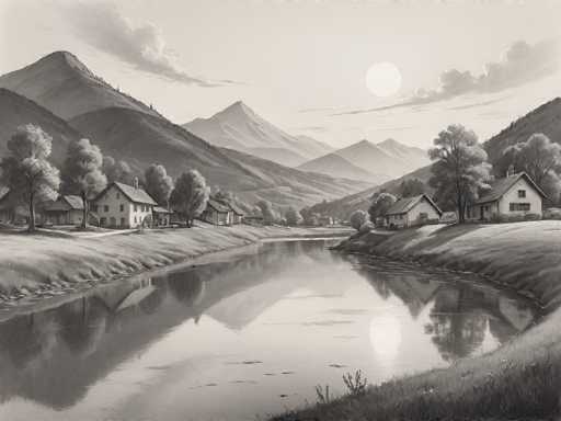 This black-and-white illustration depicts a serene, picturesque landscape. In the foreground, a tranquil river flows through the scene, its surface reflecting the surrounding environment. On the right side of the river, a gently sloping grassy bank is adorned with delicate flowers. On the opposite shore, a cluster of charming houses is nestled among trees, their reflections shimmering in the calm water. The houses are predominantly white with dark roofs, and one features a chimney. The background is dominated by majestic mountains, their peaks reaching towards a sky dotted with fluffy clouds. The sun, either rising or setting, casts a warm glow over the entire scene, enhancing the peaceful ambiance. The illustration is devoid of any text, allowing the viewer to fully immerse in the tranquil beauty of this countryside setting.