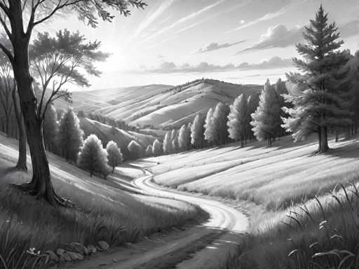 The image is a black and white photograph depicting a winding road through a grassy field with trees on either side. The sun is shining brightly from the left side of the frame, casting long shadows and highlighting the textures in the scene.