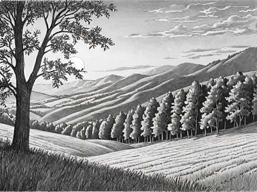 The image is a black and white sketch depicting a serene landscape with rolling hills and trees. The sky above the hills is filled with clouds, creating a sense of depth and distance. In the foreground, there's a large tree standing tall on the left side of the image. The artist has used shading techniques to give the drawing a three-dimensional effect, making it appear as if you could reach out and touch the objects in the scene.