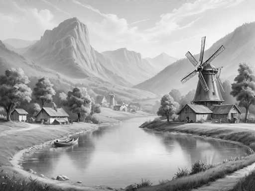 A serene, black and white landscape painting depicts a quaint village nestled beside a calm river. The scene is bathed in soft, diffused light, creating a peaceful atmosphere. 

The village consists of several small, traditional houses with thatched roofs and simple windows, clustered along the riverbank. A prominent windmill stands near the water's edge, its sails turning gently in a light breeze. 

The river reflects the surrounding landscape, creating a mirror-like surface that enhances the tranquility of the scene. Lush trees line the riverbanks, their foliage providing a contrast to the open sky above. 

In the distance, rolling hills and mountains rise, their peaks shrouded in a gentle mist. The overall impression is one of peace, harmony, and timeless beauty, capturing the essence of a pastoral setting.