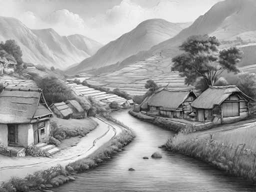 This black and white illustration, possibly a detailed pencil drawing, depicts a serene village nestled beside a river that flows through the center of the image. The village is characterized by traditional, thatched-roof houses with wooden walls, reminiscent of Japanese architecture. On the left side of the river, there is a small house with a thatched roof, while on the right side, there are two similar houses. The river itself is dotted with rocks and bordered by grassy banks. Surrounding the village are terraced fields, likely rice paddies, which extend up the hillsides. The background features a range of mountains, with clouds hovering above them, adding to the tranquil atmosphere. The entire scene is rendered in shades of gray, emphasizing the peaceful and timeless quality of this rural landscape.