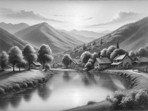 This black and white illustration, possibly a painting or drawing, depicts a serene countryside scene centered around a calm lake. The lake, reflecting the surrounding landscape, is flanked by gently sloping hills. On the left side of the lake, there are four trees and a small house, while the right side features a cluster of six or seven houses, including a prominent church with a steeple. The houses are surrounded by trees, and a fence runs along the right side of the image. In the background, rolling hills and mountains rise up, with the sun peeking through the clouds, casting a soft light over the entire scene. The sky is adorned with clouds, adding depth to the tranquil atmosphere.