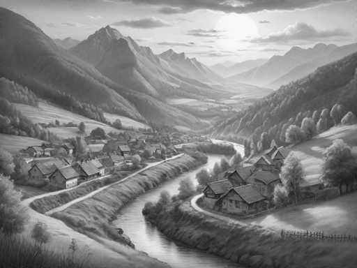 This black and white drawing depicts a serene mountainous landscape with a small village nestled in a valley. The village, situated on the left side of the image, features several houses with dark roofs and white walls, arranged along a winding road. A river meanders through the center of the village, flowing from the bottom left corner towards the middle of the image, flanked by trees and bushes on both sides. The right side of the image showcases a grassy field with a wooden fence, leading up to a hill adorned with trees. In the background, a majestic mountain range stretches across the horizon, with the sun peeking through the clouds at the top center of the image, casting a gentle light over the entire scene. The sky is filled with clouds, adding to the tranquil and picturesque atmosphere of the drawing.