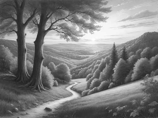 This black and white drawing depicts a serene landscape with a winding creek that begins at the bottom left corner and meanders towards the center, eventually disappearing into the horizon. The creek is flanked by lush grass and scattered rocks, with a prominent large tree on the left side, its branches extending over the water. To the right, a hillside slopes down to meet the creek, adorned with various trees, including two tall pine trees. The background features rolling hills and a distant mountain range, with the sun setting behind the mountains, casting a soft glow across the scene. The sky is dotted with clouds, adding depth to the tranquil atmosphere. The entire composition is rendered in shades of gray, emphasizing the natural beauty and calmness of the landscape.