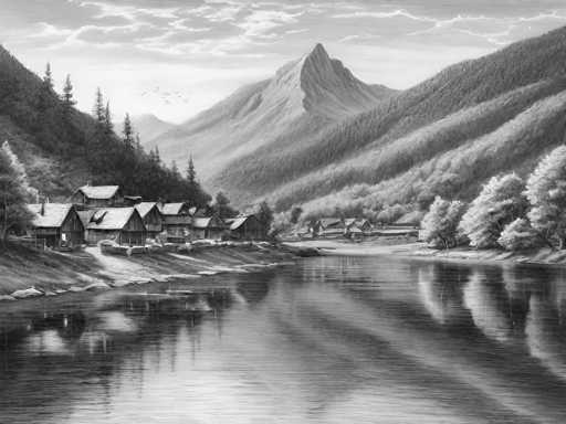 A serene, black and white landscape painting depicts a quaint village nestled along a calm river. The scene is dominated by rolling, forested mountains that slope down to meet the water's edge. Small, wooden houses with steeply pitched roofs are clustered along the riverbank, their reflections shimmering on the still water's surface. 

The sky above is filled with soft, wispy clouds, and a few birds are visible in flight. The overall atmosphere is one of tranquility and peacefulness, with the muted tones creating a timeless, nostalgic feel. The perspective is wide, emphasizing the vastness of the landscape and the harmonious coexistence of the village with its natural surroundings.