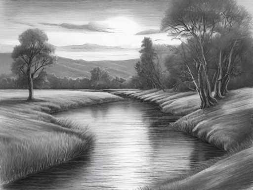 A pencil drawing of a serene landscape featuring a calm river flowing through a valley. The scene is rendered in grayscale, emphasizing the soft textures and subtle shading of the landscape. 

The river dominates the foreground, its surface reflecting the soft light from the sky. Gentle ripples create a sense of movement on the water's surface, and the banks are lined with tall, textured grass. 

On either side of the river, rolling hills rise in the distance, their forms softened by atmospheric perspective. A few trees dot the landscape, adding depth and visual interest to the scene. The sky is filled with soft clouds, creating a tranquil atmosphere. 

The overall impression is one of peace and tranquility, capturing the beauty of a natural landscape in a timeless pencil drawing.