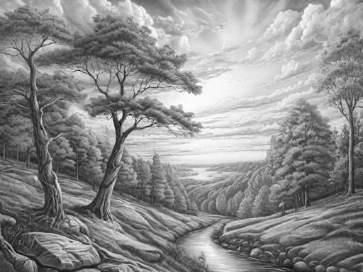 This black and white drawing depicts a serene landscape with a winding river flowing through the center. The river, which curves gently to the right, is flanked by grassy hills and rocky terrain. On the left side of the image, a prominent tree stands tall, with another tree slightly behind it. The right side features a cluster of trees, including one particularly tall tree that stands out among the others. The sky above is filled with clouds, with sunlight breaking through, casting a soft glow over the scene. The overall composition is detailed and tranquil, capturing the essence of nature in monochrome.