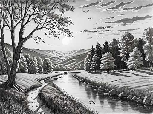 This black-and-white drawing depicts a serene landscape with a river flowing through the center, flanked by grassy banks and a variety of trees. On the left side of the image, a large tree stands prominently, while the right side features a cluster of trees, including both tall and short ones. The river, dotted with rocks, meanders from the bottom right corner towards the center, where it curves to the left and disappears into the distance. In the background, rolling hills and mountains create a layered effect, with the sun peeking out from behind them. The sky above is filled with clouds, and two birds can be seen flying in the top right corner. The overall composition is detailed and richly textured, capturing the tranquil beauty of nature.