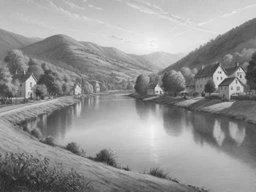 The image depicts a serene black and white scene featuring a river flowing through the center of a small town nestled between mountains. The houses on either side of the river have their roofs covered in trees, creating a canopy that adds to the tranquility of the scene. The sky above is clear blue with wispy clouds scattered across it.