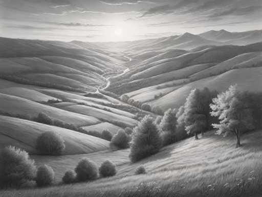 This black and white image, possibly a detailed drawing or painting, depicts a serene landscape with rolling hills and a winding river. The scene is viewed from a hilltop, looking down into a valley where the river meanders through the terrain. The sky is filled with clouds, with the sun either rising or setting, casting a soft light over the landscape. The foreground features a grassy field with tall grass and scattered trees, including a prominent tree on the right side. The hills are dotted with smaller trees and bushes, creating a textured, layered effect that extends into the distance. The overall composition is tranquil, with the interplay of light and shadow enhancing the depth and realism of the scene.