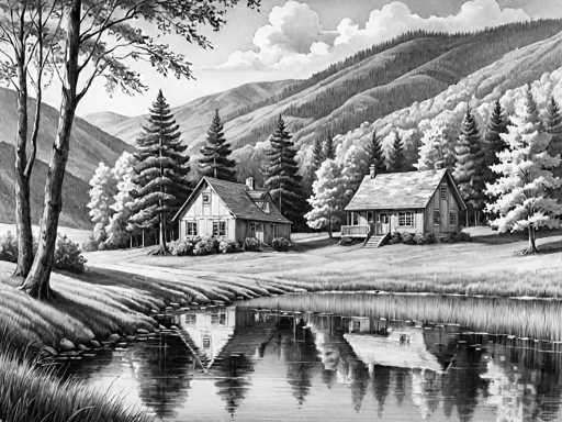 A serene, black and white landscape painting depicts a tranquil rural scene. Two charming, rustic houses nestle amidst rolling hills and lush vegetation, their reflections shimmering on a calm pond. The houses are quaint, with pitched roofs and visible windows, suggesting a cozy interior. Tall, mature trees frame the scene, their branches reaching towards the sky. The landscape is bathed in soft light, with gentle shadows cast across the ground, creating a peaceful and idyllic atmosphere. The overall style is reminiscent of a traditional landscape painting, with a focus on capturing the beauty and tranquility of nature.