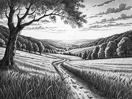 This is a black and white line drawing depicting a serene landscape with a winding dirt road cutting through the center of the image. The road is surrounded by tall grass on both sides, creating a sense of depth in the scene. In the background, there are trees scattered across the field, adding to the natural beauty of the setting. Above it all, the sky stretches out in an endless expanse of blue, dotted with fluffy white clouds that add a touch of whimsy to the overall composition.