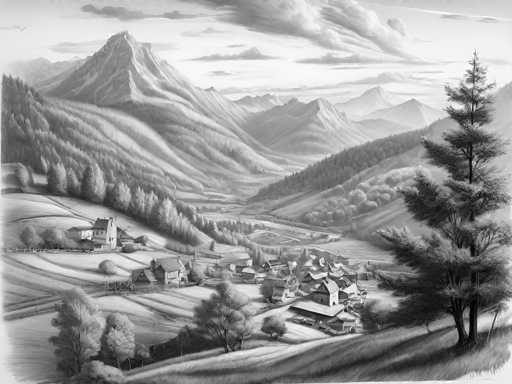This is a stunning black and white illustration of a serene mountain village nestled in a vast, rolling landscape. The main focus is on the quaint village with its cluster of houses and farmhouses, surrounded by steep, forested hills. The perspective is a wide, panoramic view, emphasizing the vastness of the mountain range and the village's peaceful isolation. The art style is detailed and realistic, with a soft, painterly quality that enhances the tranquil atmosphere.