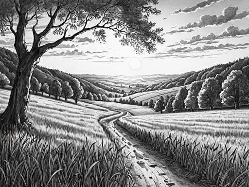 This black and white drawing depicts a serene countryside scene with a winding dirt road that begins at the bottom right corner and curves gently to the left, eventually disappearing into the horizon. The road is flanked by tall grass on both sides, creating a natural pathway through the landscape. On the left side of the image, a prominent tree with a thick trunk and sprawling branches extends its leaves over the road, adding a sense of tranquility. The background features rolling hills and a dense array of trees, with the sky above dotted with clouds. The sun, positioned centrally in the sky, casts a soft light over the entire scene, enhancing the peaceful and idyllic atmosphere.