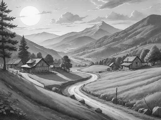 A serene, grayscale landscape painting depicts a quaint mountain village nestled in a valley. The scene is bathed in the soft glow of a large, partially obscured sun in the sky, casting long shadows across the rolling hills. A winding road snakes through the village, flanked by traditional wooden houses with thatched roofs. 

The mountains in the background are hazy and distant, their peaks shrouded in a gentle mist. The foreground features a field of tall grass, dotted with rocks and trees. A few birds soar in the sky, adding a sense of tranquility to the scene. The overall mood is peaceful and idyllic, evoking a feeling of calm solitude.