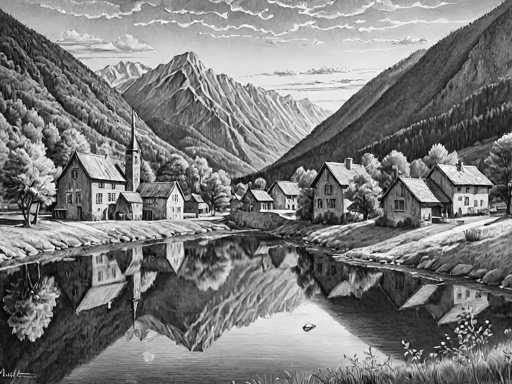 This black and white drawing depicts a serene village nestled at the base of a mountain range. The village is characterized by several small, white houses with dark roofs, all featuring two stories and a chimney. A prominent church with a tall steeple stands out among the other buildings. The village is surrounded by lush trees, adding to its picturesque charm. A tranquil lake lies in the foreground, mirroring the houses and mountains with remarkable clarity. The sky above is dotted with clouds, completing the peaceful and idyllic scene.