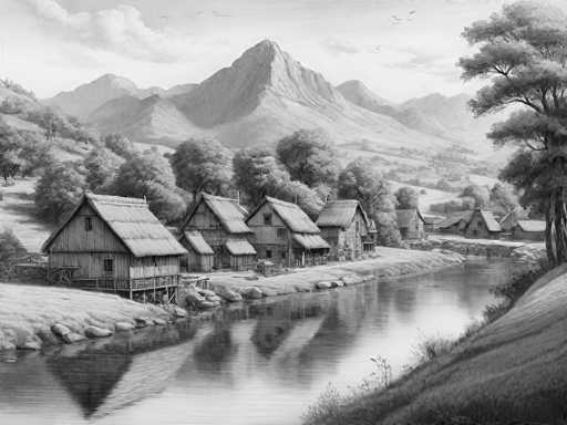This black and white illustration depicts a serene, old-fashioned village nestled along the banks of a calm river. The village features several wooden buildings with thatched roofs, some of which are elevated on stilts, suggesting a flood-prone area. The river, reflecting the surrounding landscape, runs through the center of the image, with a small bridge visible in the background. On the right side of the river, a grassy hill rises, topped by a large tree. The left bank is lined with rocks and more grassy areas. In the background, a majestic mountain range stretches across the horizon, with a few birds soaring in the sky above. The entire scene is rendered in shades of gray, enhancing its timeless, tranquil atmosphere.