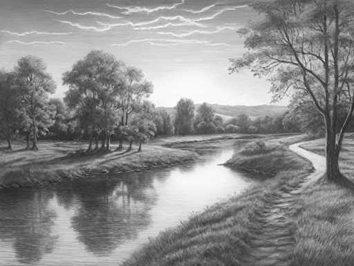 This black and white pencil drawing depicts a serene landscape with a river flowing through the center. The river, which occupies the bottom left corner and extends towards the middle right, is flanked by grassy banks on both sides. On the right side of the river, a narrow, winding dirt path meanders through the grass, leading towards the background. A large tree stands prominently on this side, with additional trees and bushes scattered in the distance. The left bank of the river features more grassy areas and a cluster of trees, including one particularly tall tree. The sky above is filled with wispy clouds, adding to the tranquil atmosphere of the scene. In the background, rolling hills and mountains complete the picturesque view. The entire composition is rendered in shades of black, white, and gray, emphasizing the natural beauty and calmness of the landscape.