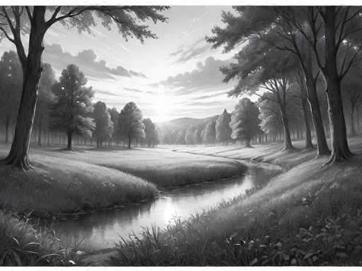 This black and white illustration depicts a serene landscape with a river meandering through the center, flanked by grassy banks and tall trees. The river, which occupies the bottom third of the image, curves gently to the left and is bordered by lush grass and various plants. On the left side, a prominent tree stands on a small hill, while the right side features a cluster of trees, including one particularly tall tree. The background reveals a dense forest with more trees, leading up to a range of mountains. Above, the sky is filled with clouds, with the sun breaking through, casting a soft light over the entire scene. The overall composition is detailed and tranquil, capturing the essence of nature in monochrome.