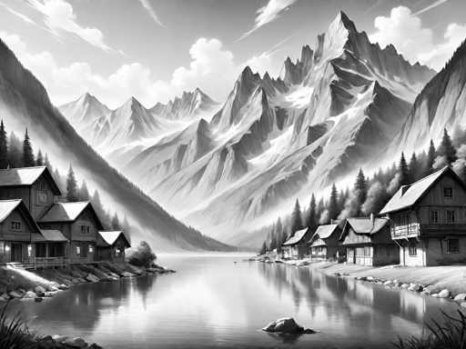This black and white illustration depicts a serene mountain landscape with a tranquil lake at its center. The lake, reflecting the surrounding scenery, features a prominent rock in the foreground. On the left bank, three houses are nestled close together, while the right bank hosts five more houses, each with a small porch. The houses are framed by a dense forest of tall trees, adding to the natural beauty of the scene. In the background, majestic mountains rise, their peaks adorned with patches of snow. The sky above is dotted with fluffy clouds, completing this picturesque and peaceful setting.