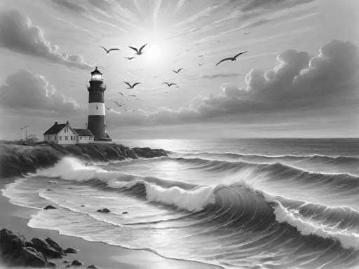 This black and white pencil drawing captures a dramatic coastal scene with a lighthouse as its focal point. The lighthouse, situated on a rocky outcrop, features a distinctive design with a white base, a black stripe, a white stripe, and a black top, crowned by a bright light. Adjacent to the lighthouse is a small house with a dark roof, white walls, and a porch, accompanied by a smaller building. The shoreline is rocky, with waves crashing onto the beach, creating white foam. The sky above is filled with dark, brooding clouds, with the sun peeking through, casting rays that illuminate the scene. Birds, possibly seagulls, are depicted in flight, adding to the dynamic atmosphere of the drawing. The overall composition is detailed and evocative, emphasizing the stark contrast between the dark clouds and the bright sun.