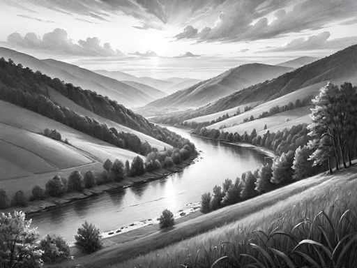 This black and white image, possibly a photograph or a detailed drawing, captures a serene landscape with a river flowing through the center. The river begins at the bottom left corner, meandering towards the center before curving back to the left, eventually disappearing into the horizon. The foreground features a grassy hill on the bottom right, adorned with tall grass and a few trees. The riverbanks are lined with trees and bushes, creating a natural frame for the water. On the left side of the image, rolling hills covered in trees and grass extend into the distance, while on the right, similar hills and a few tall trees rise up. The sky above is filled with clouds, with sunlight breaking through, casting a gentle glow over the entire scene. The overall composition is tranquil, with the interplay of light and shadow enhancing the depth and beauty of the landscape.