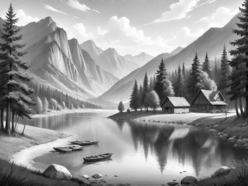 The image depicts a serene mountain landscape with three boats floating on the water near a small island. The boats are painted in shades of blue and white, adding a touch of color to the otherwise monochromatic scene. The mountains in the background provide a sense of depth and scale to the image. The sky above is filled with clouds, suggesting that it might be a cloudy day or early morning when the sun has not yet fully risen.