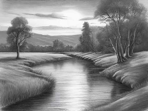 This black and white pencil drawing depicts a serene landscape with a river meandering through the center, flanked by grassy hills on both sides. The river, which appears to be a creek or stream, is bordered by tall grass that sways gently, suggesting a breeze. On the right side of the river, there are several trees, including a prominent one with multiple trunks and another tall, slender tree. The left side features a lone, tall tree standing on a grassy hill. In the background, rolling hills and mountains rise up, with a bright sun or moon shining in the sky, casting a reflective glow on the water's surface. The sky itself is detailed with clouds, adding depth to the scene. The entire composition is rendered in shades of black, white, and gray, emphasizing the natural beauty and tranquility of the landscape.