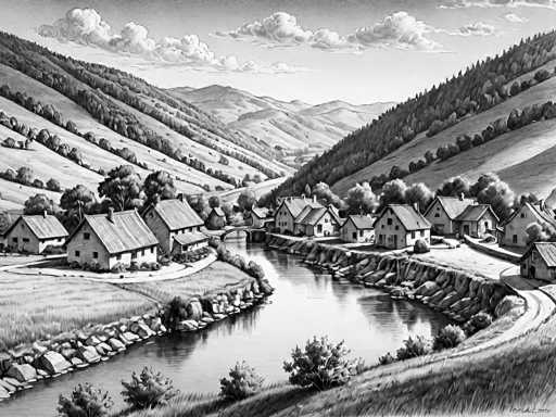 This black and white drawing depicts a serene countryside scene with a small village nestled along the banks of a river. The village consists of approximately 10 to 12 houses, each featuring a distinctive triangular roof and a chimney. The river, which runs through the center of the image, is spanned by a quaint bridge connecting the two sides of the village. The riverbanks are lined with rocks, and the water reflects the surrounding landscape, adding depth to the scene. 

In the background, rolling hills and mountains rise up, adorned with trees and patches of grass. The sky above is dotted with fluffy clouds, enhancing the tranquil atmosphere. The entire composition is rendered in shades of black, white, and gray, emphasizing the natural beauty and peacefulness of the countryside. The drawing captures a moment of stillness, with no signs of human activity, inviting the viewer to imagine the quiet life of this picturesque village.