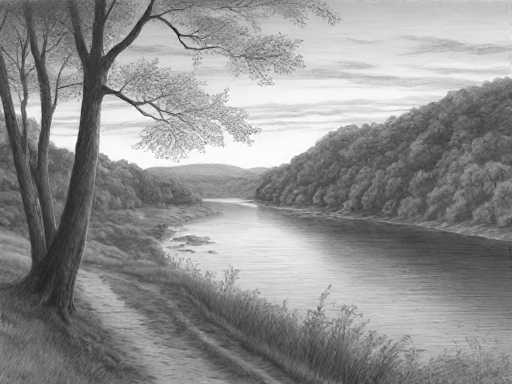 A serene, grayscale pencil drawing depicts a tranquil river scene. The foreground features a gnarled tree with textured bark, its branches reaching towards the sky. A winding path leads down to the riverbank, flanked by tall grasses and foliage. The river itself is calm, reflecting the soft light of the sky above. In the distance, rolling hills covered in trees create a sense of depth and peacefulness. The overall style is detailed and evocative, capturing the quiet beauty of nature in a monochromatic palette.